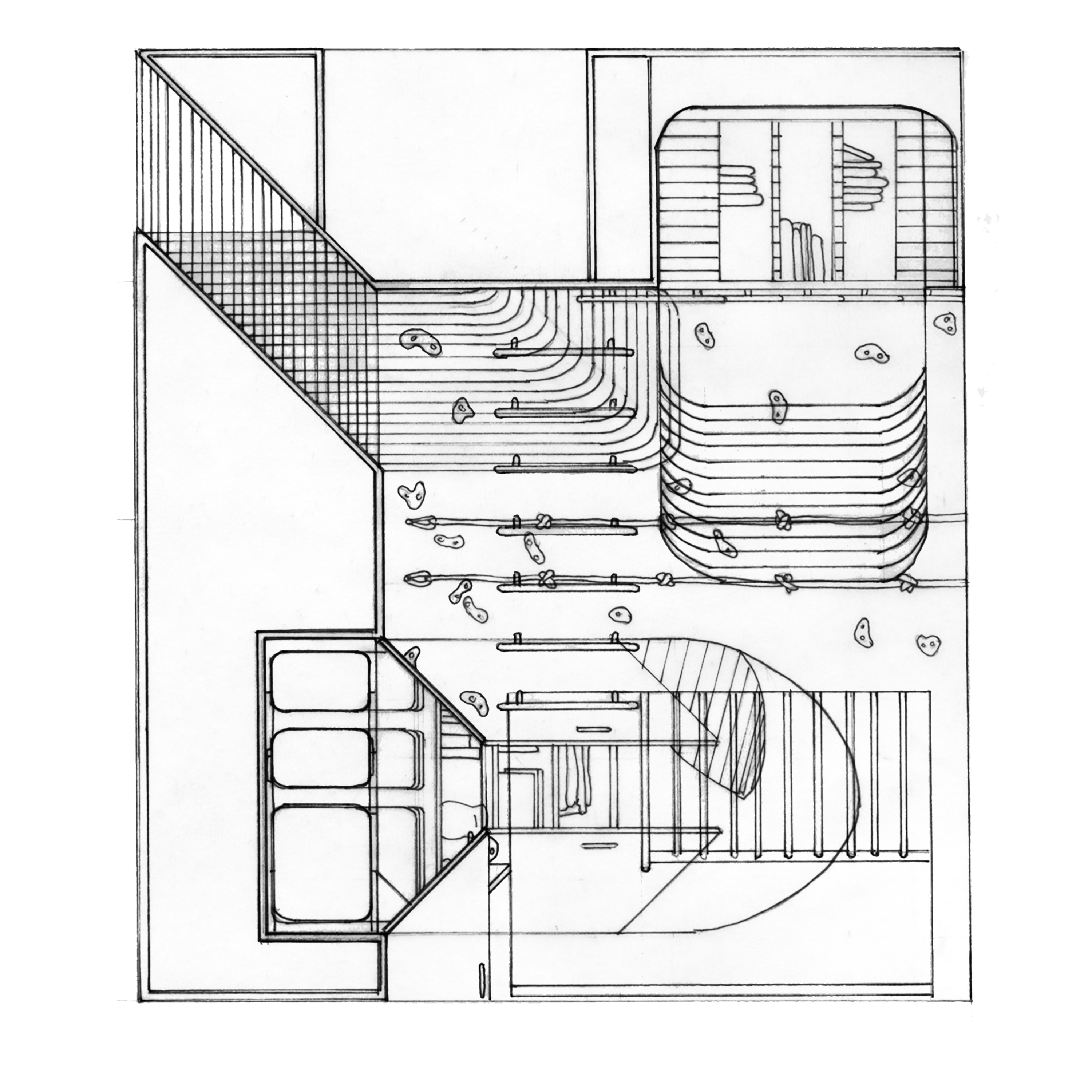 two line drawings are overlaid on top of each other. They are both showing the same room but from different projections.